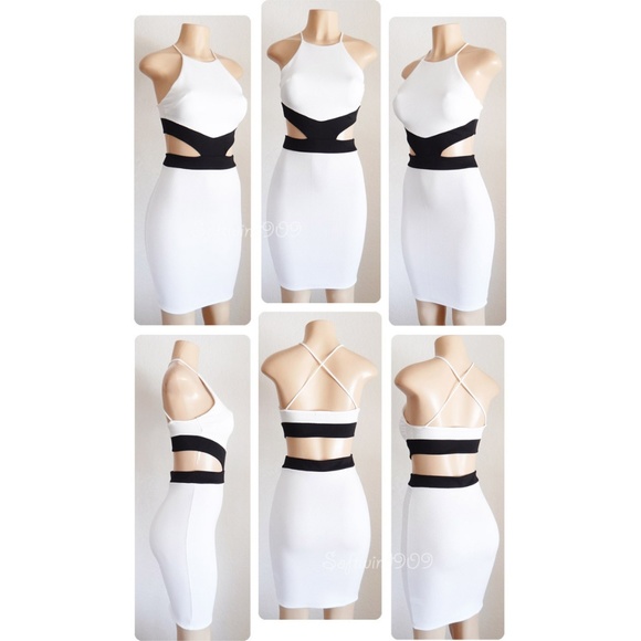 White Black High Neck Cutout Midi Bodycon Dress - Picture 4 of 8